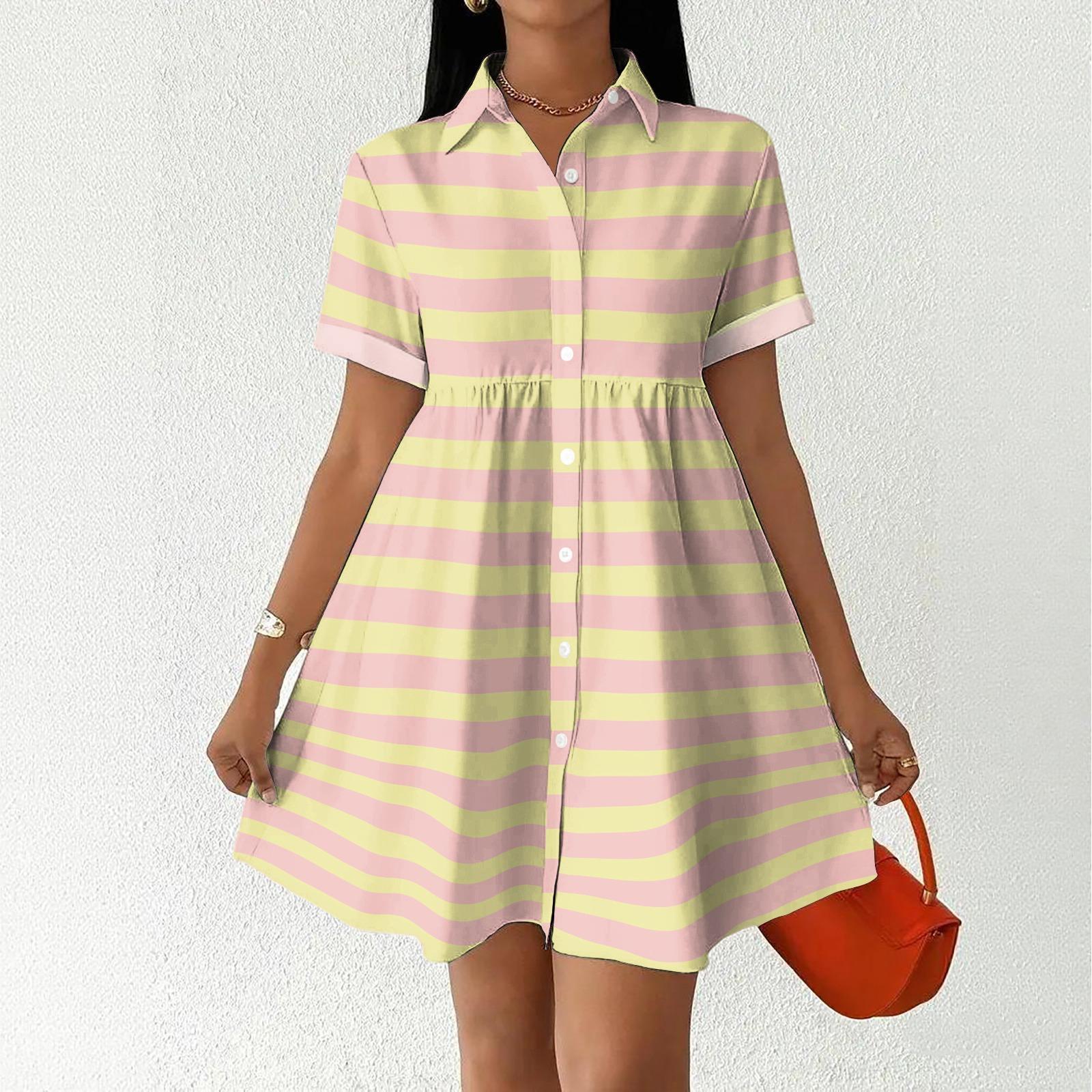 

Women Loose Fit Casual Shirt Dress with Button Front and Stand Collar Short Sleeve Striped Design for Everyday Wear S жовтий