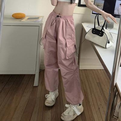 Pantalon cargo femme taille haute surdimensionné multi-poches séchage rapide couleur unie cordon de serrage pleine longueur bande de cheville hip hop streetwear dame pantalon