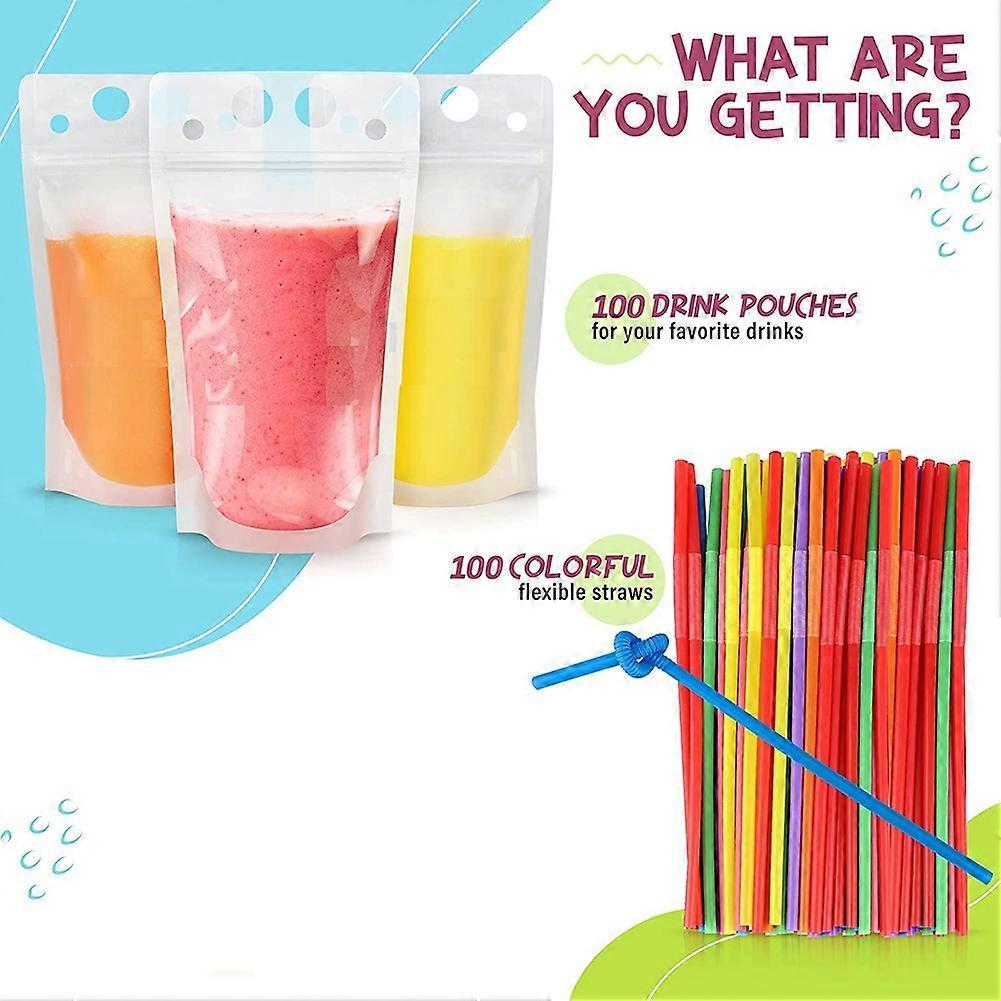 100Pcs 16Oz Drink Pouches for Adults - Drink Pouches with Straws X100 - Resealable Smoothie Pouches
