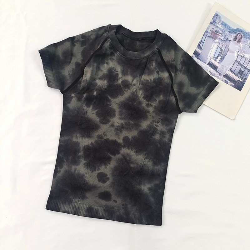 

Fashion Seamless Short Sleeve High Elastic Silm Slim Looking Yoga Black and Gray Tie-Dye M Code