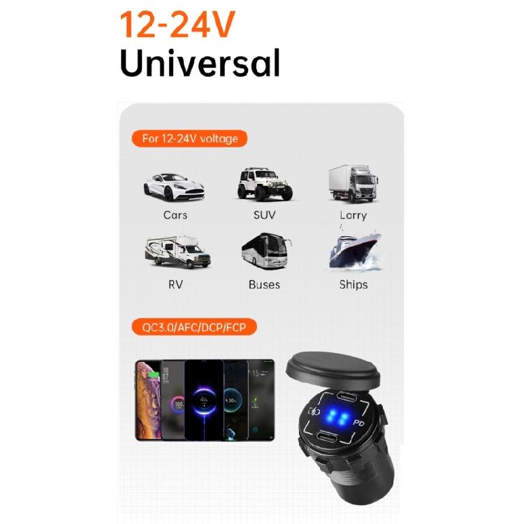 Waterproof Double USB C 30W Vehicle Charger Touch Activated Switches LED Indicator 12V 24V Compatibility