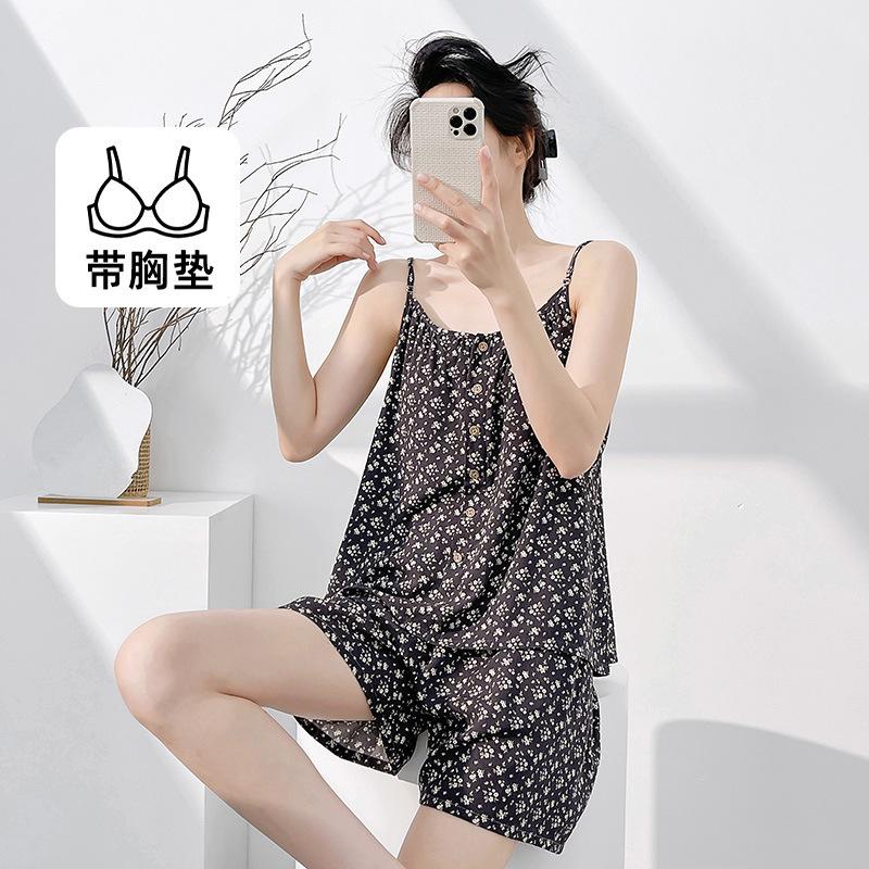 Summer thin floral suspenders pajamas women's French with chest pads can be worn outside sweet sleeveless loungewear cotton silk suit