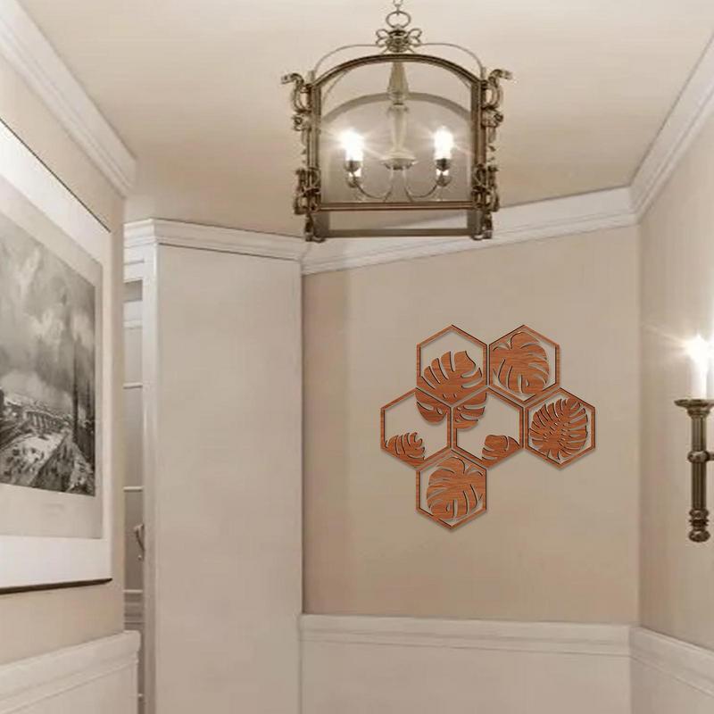 Palm Leaf Wall Art Wooden Board Leaf Splicing Wall Sticker Creative Hexagonal Wooden Wall Decoration Wall Art For Bedroom