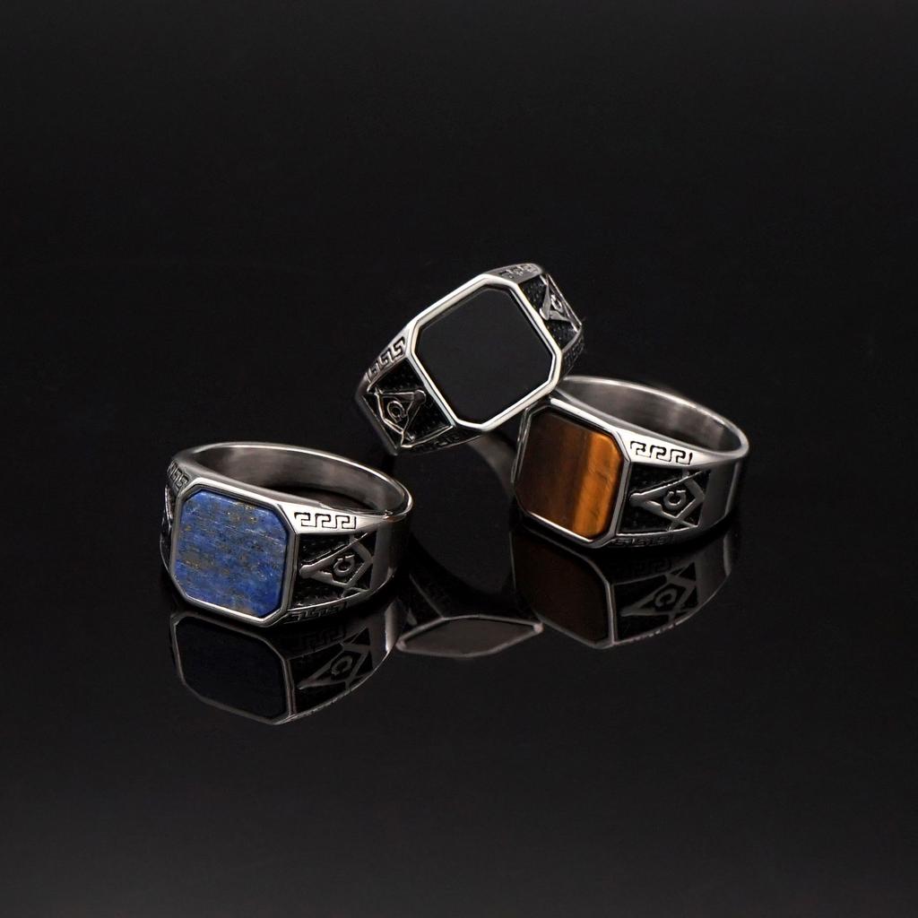Ring New Golden Classic Retro Ring Frosted Lapis Lazuli Rough Stone Freemasonry AG Men's Ring