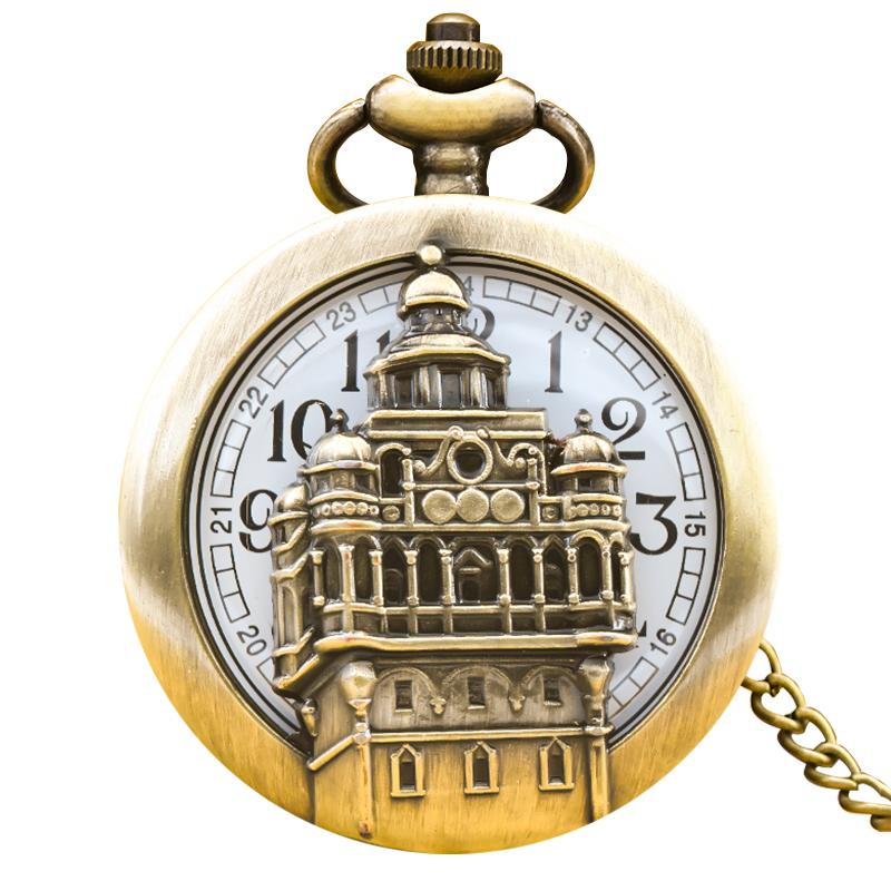 

Vintage Bronze Steampunk Castle Carved Quartz Pocket Watch Necklace Pendant Clock Chain Men Women Chain Gift бронзовый