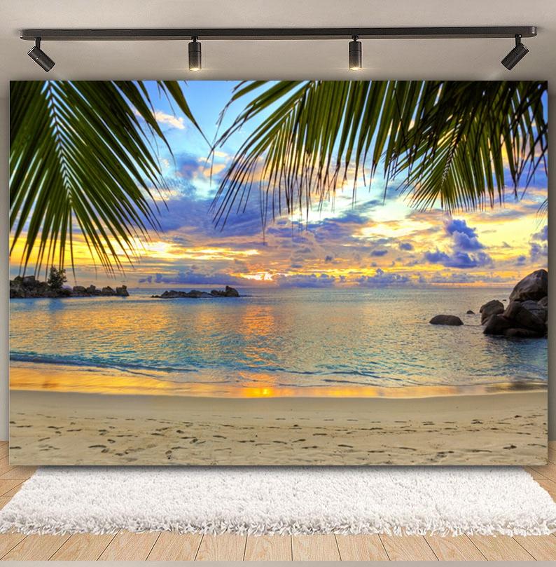 Tropischer Strand Hintergrund für Fotografie Sommer Hawaii Blaues Ozeanwasser Meeresufer Palme Kinder Feiertagsparty Foto Hintergrund Dekoration