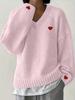 European American Love Embroidery V-Neck Sweater: Stylish Loose-Fit Pullover Knitwear