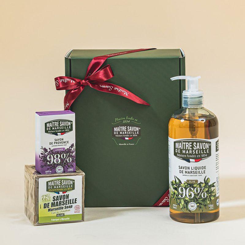 maitresavon [Gift Wrapping] French Marseille All-in-One 3-Piece Set (Liquid Soap 500ml + Marseille Soap 300g + Perfume Soap 100g) Liquid Soap 500ml-Rose