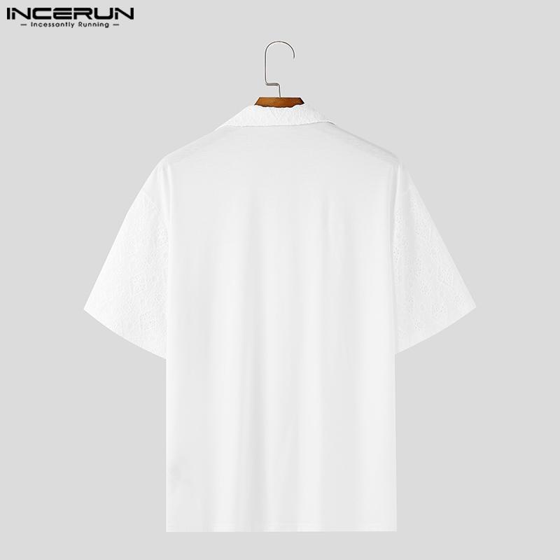 INCERUN Summer Men Short Sleeves Front Lace Patchwork See Through Loose Shirts