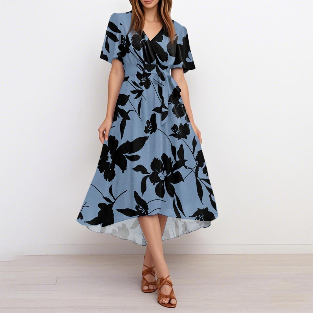Dámské letní módní šaty s výstřihem do V a rozšířenou sukní, s krátkým rukávem, květinové šaty