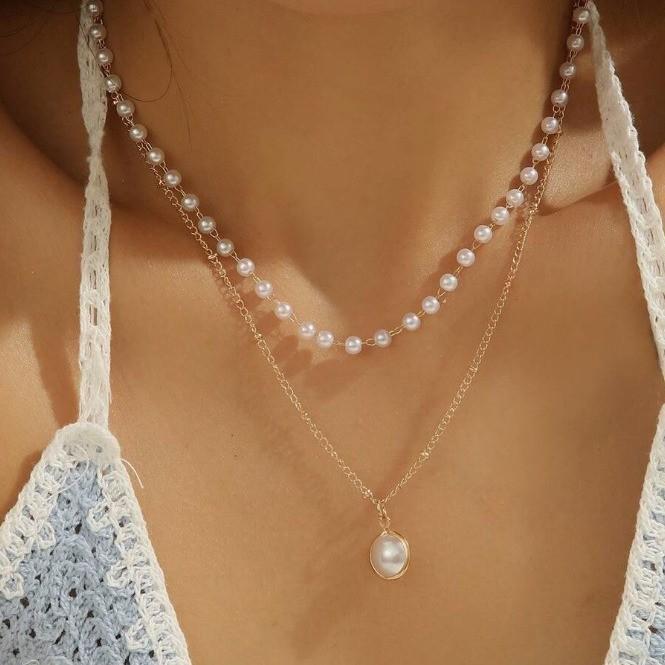 Korean-Style Double Layer Pearl Necklace - Trendy Hyuna Clavicle Chain