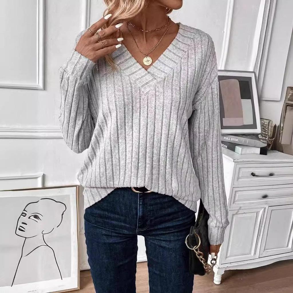 2024 European & American Autumn/Winter V-Neck Long-Sleeve Knitted Casual Solid Color Women's Top