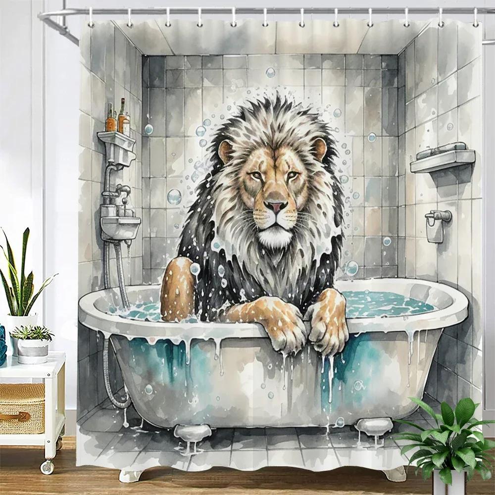 Amusing and creative animal shower curtain waterproof bathroom curtain funny bathing Lion, tiger and bear partition bath curtain