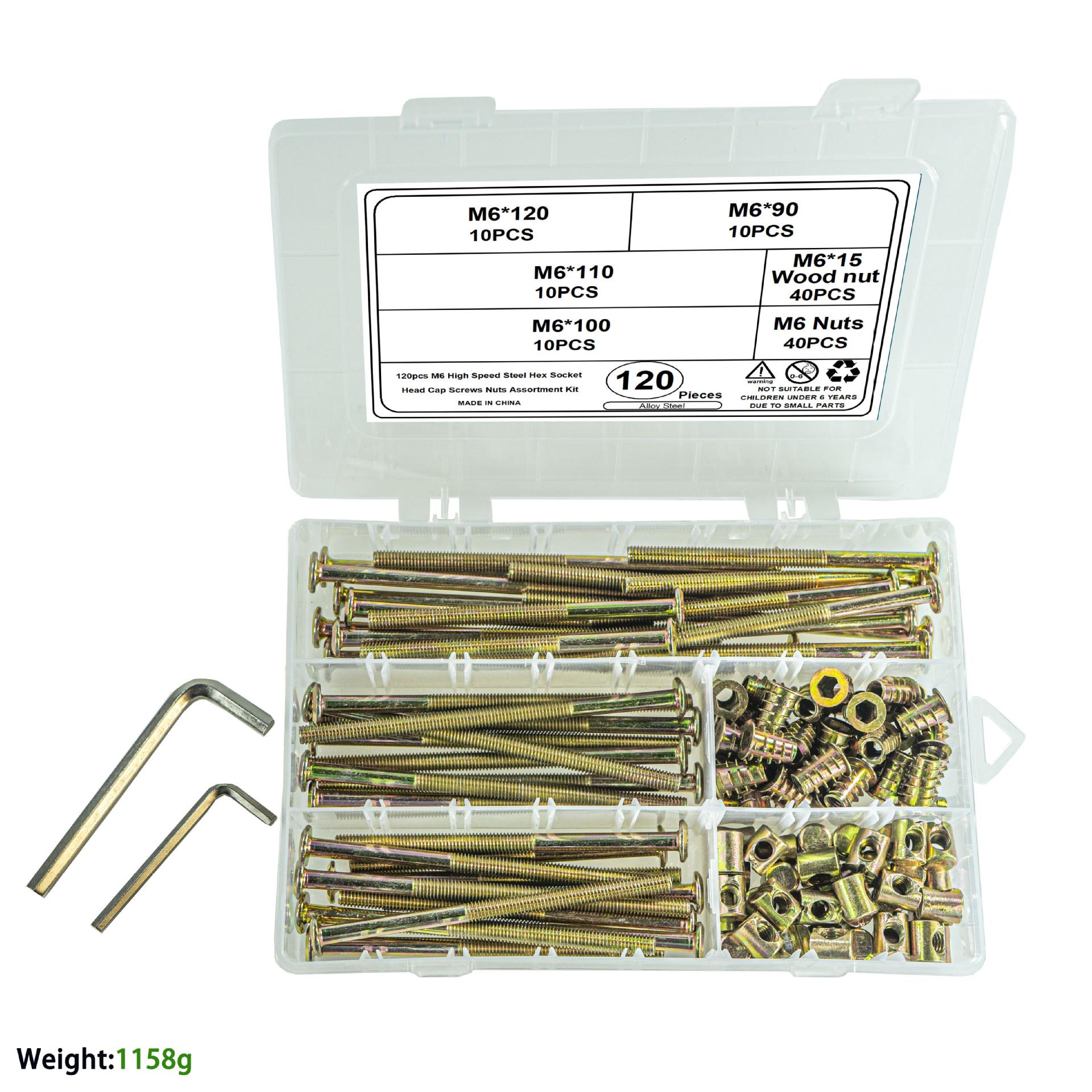 

Набор из 165 шт. винтов с внутренним шестигранником с фаской из цветного цинка M6 с предварительно установленными гайками, деревянная рама/кровать/шкаф/письменный стол 120pcs