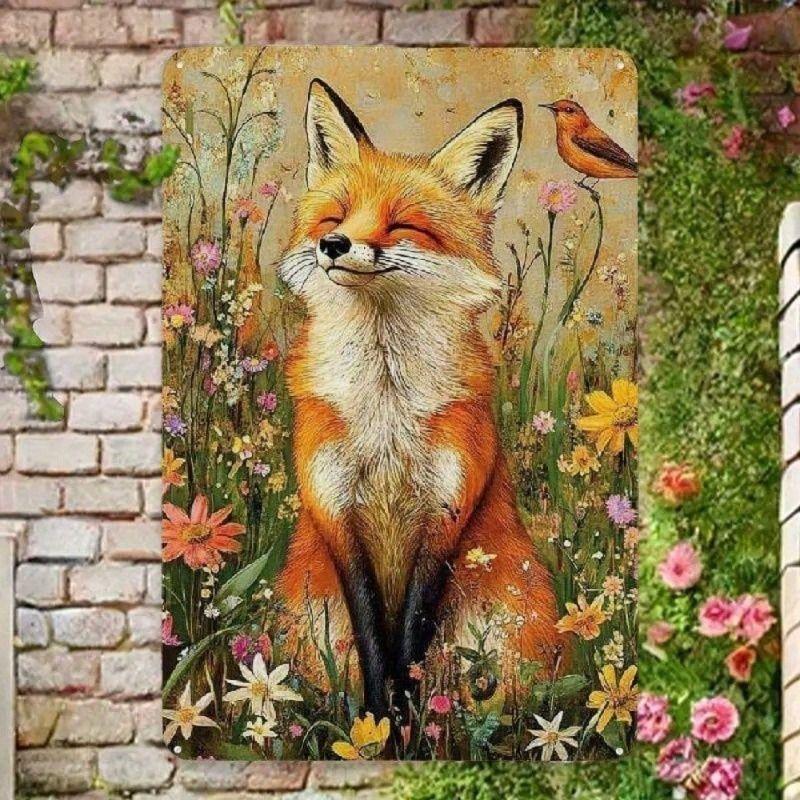 Vintage Fox and Wildflowers Tin Sign 20x30cm Kitchen Bedroom Wall Decor