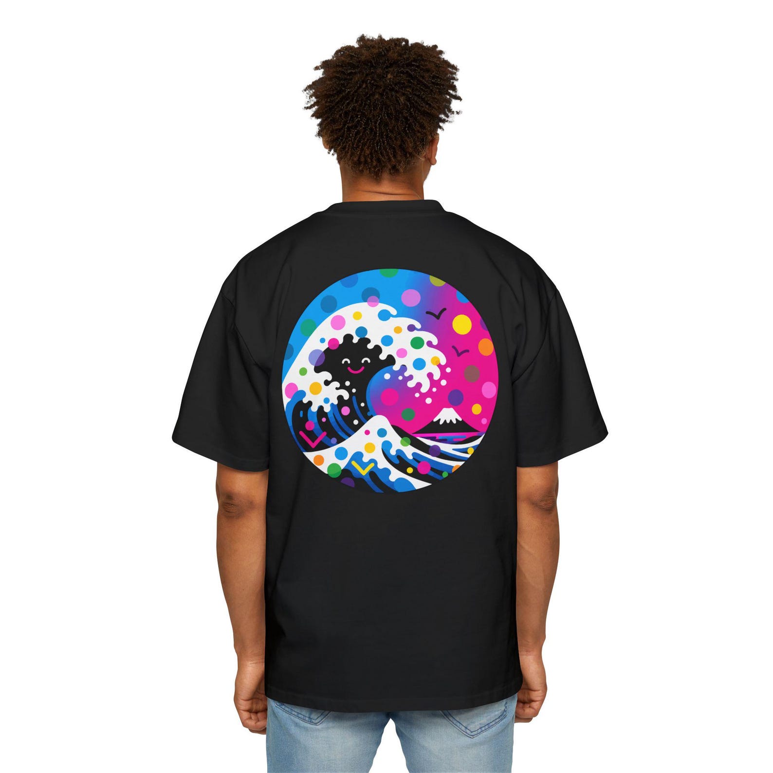 Kawaii Wave T-Shirt | The Great Wave Series XII - Happy Tide | Smiley Graphic Tee | Japanese Pop Art Back Print S