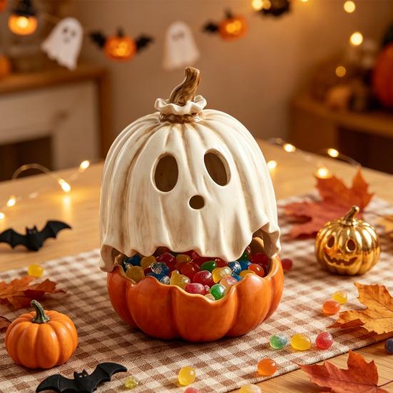 Resin Halloween Ornament Light Up Ghost Pumpkin Decoration, Vintage Detachable Lamp with Figures LED Candle for Kitchen Tabletop Mantel Party