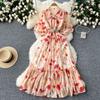 Lightly Mature Elegant Dress Women's French Fancy Bows Shoelace Puff Sleeves Waist Trimming Ruffles Printed Dress