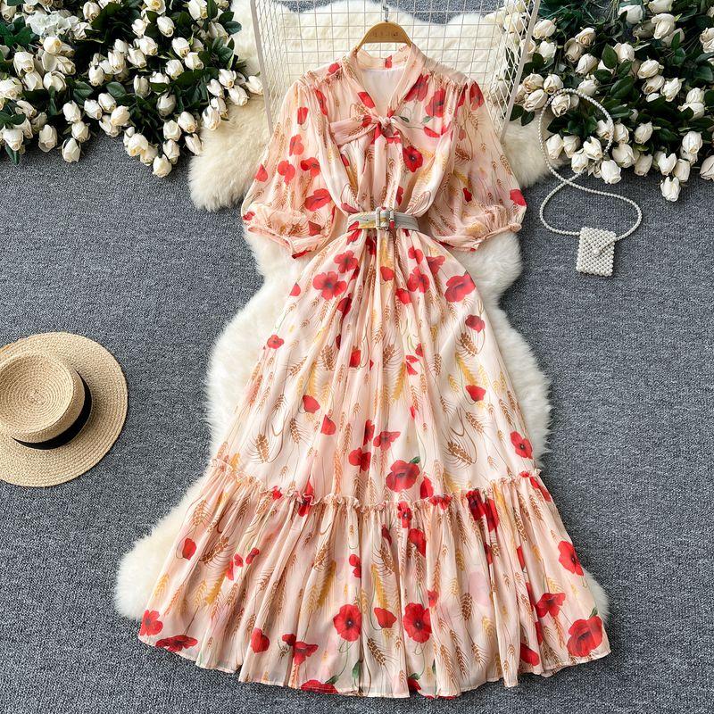 Lightly Mature Elegant Dress Women's French Fancy Bows Shoelace Puff Sleeves Waist Trimming Ruffles Printed Dress