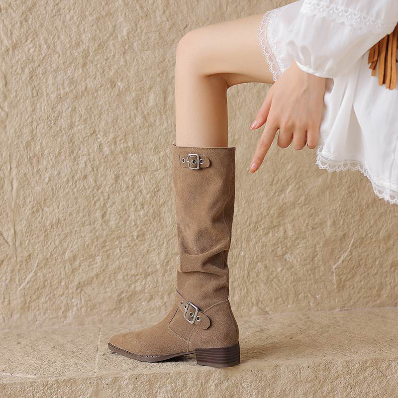 Krazing Pot Cow Suede Autumn Winter Shoes Round Toe Metal Buckle Big Size 42 Thick Med Heels Slip On Western Boots Women Knee Boots