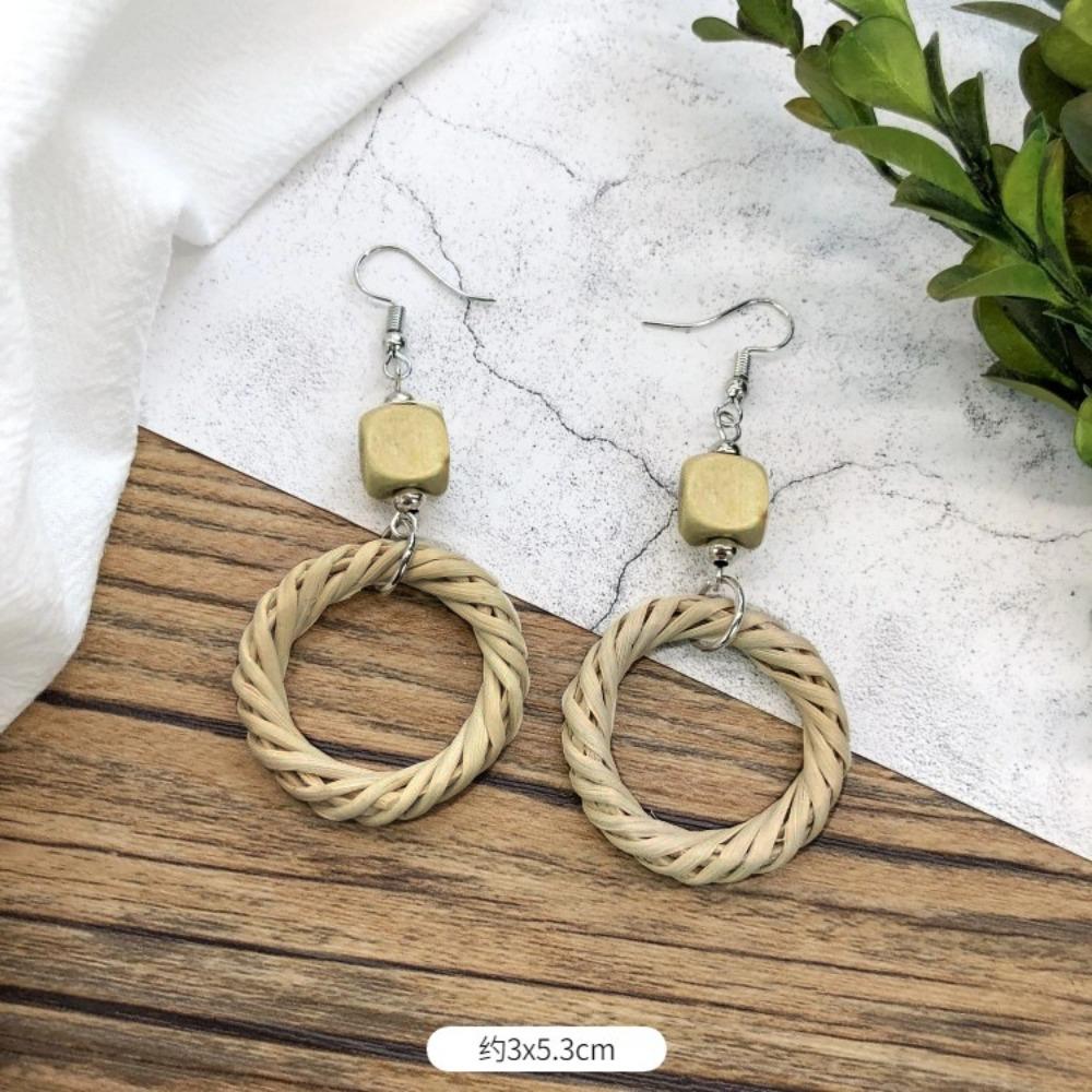 Vintage Mori Grass and Rattan Woven Handmade Earrings Bohemian Vacation Style Stud Earrings Female Ethnic Style Summer Ear Jewelry