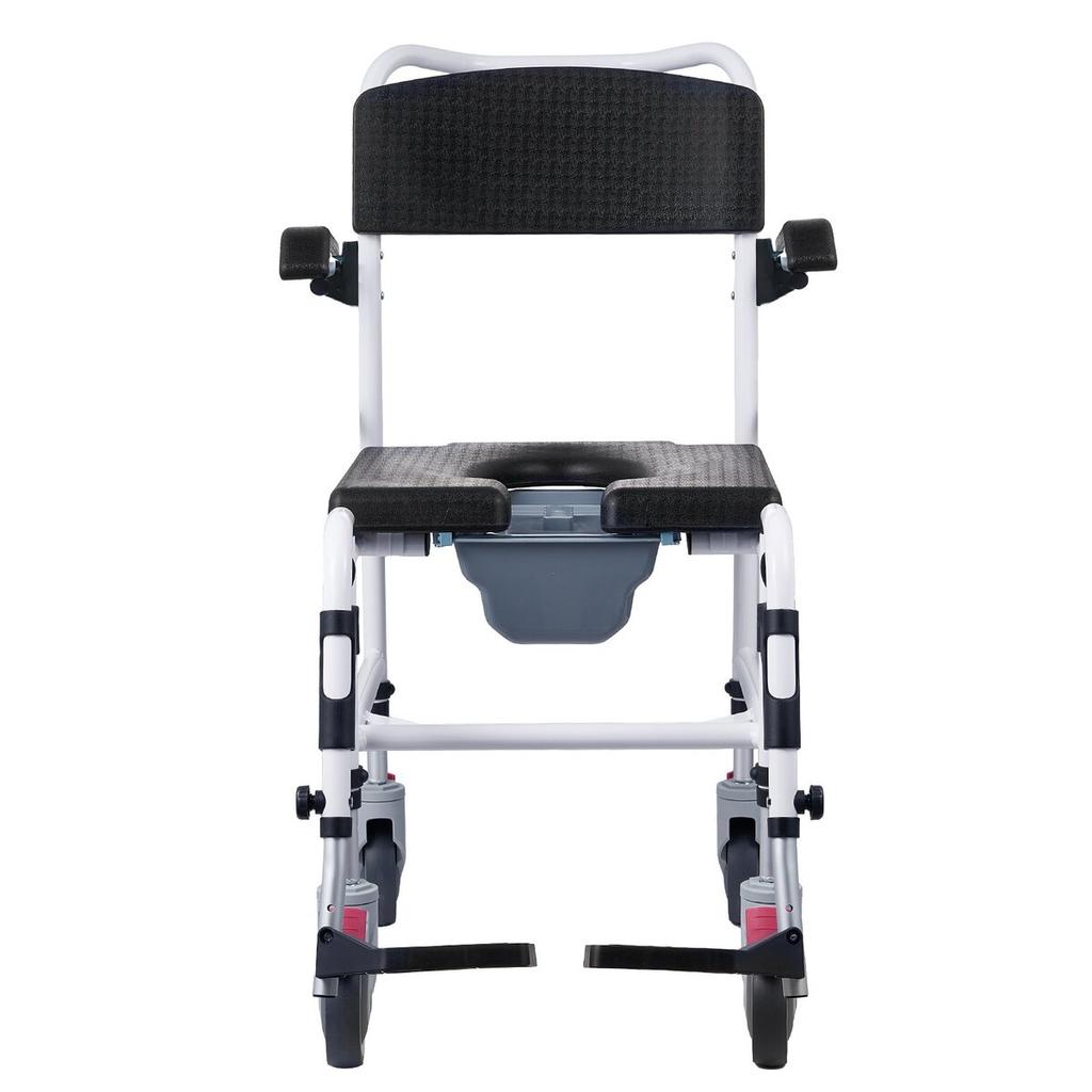 Shower Commode Wheelchair with 4 Lockable Wheels, Footrests, Flip-up Arms, 3-Level Adjustable Height, 5L Removable Bucket, 350 LBS Capacity, Commode