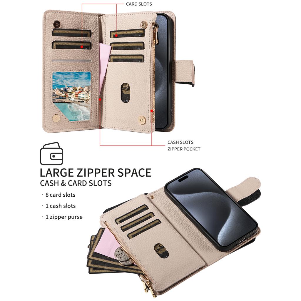 Artificial Leather Zipper Lychee Pattern Phone Case for Iphone16 15 14 Pro Max Plus 13 1211Pro Mini 7 8 XS Clamshell Wallet Case