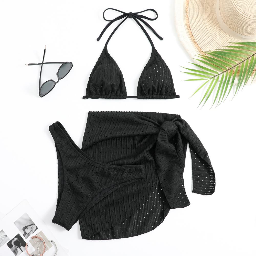 2026 Summer Halter Bikini 3 Pieces Women Special Material Sexy Thong Swimwear With Sarong Skirt White/Black/Pink/Green Beachwear