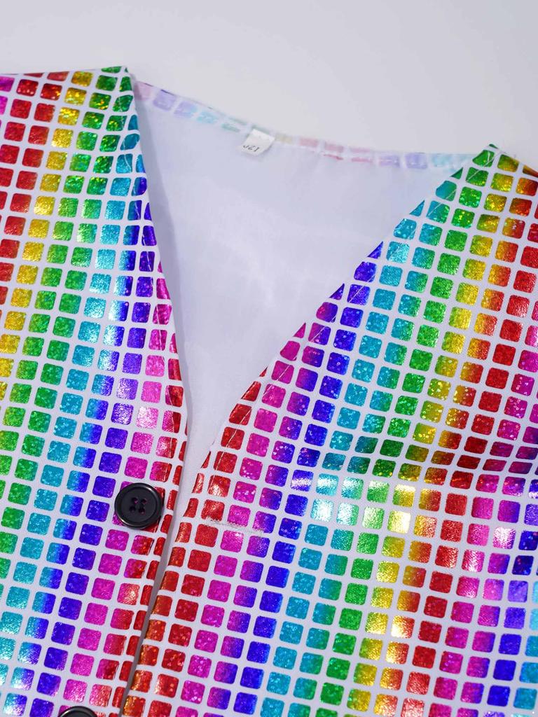 Costume da Performance Teatrale per Danza Ragazzi Ragazze Scollo a V Senza Maniche Orlo Asimmetrico Bottone Gilet a Quadri Metallico