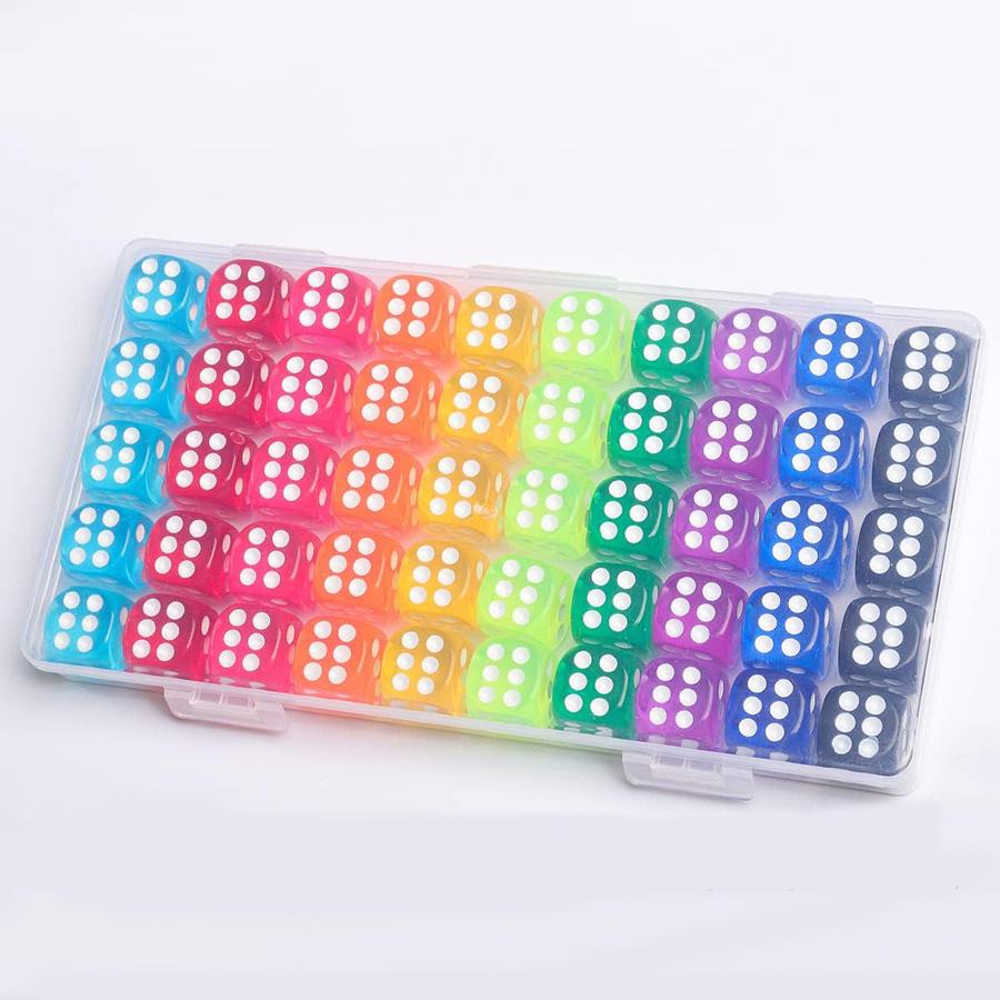 51pcs Colored Transparent Dices with Storage Box Set 14mm Acrylic Bulk 6 Sided Dices for Board Games Math Learning Classroom JXB