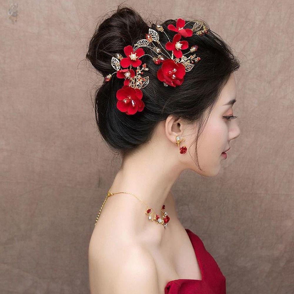 Bride Crystal Red Flower Festival Hairpins Chinese Hanfu Hair Clips Women Barrettes Duckbill Clips