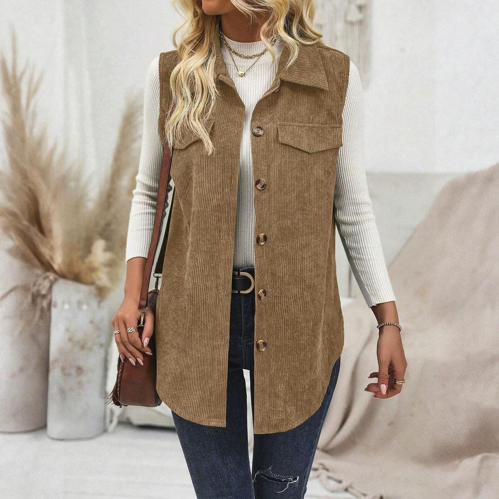 Moteabel ensfarget damevest med krage og cardigan, avslappet pendlerermløs vestjakke