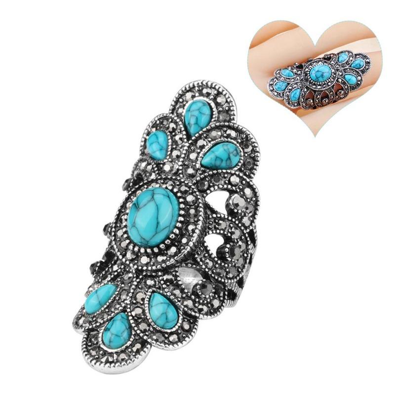 BLUELANS RINGS Кольцо на палец вечерние винтажные бирюзовые полые инкрустированные симметричные украшения US 7 серебряный