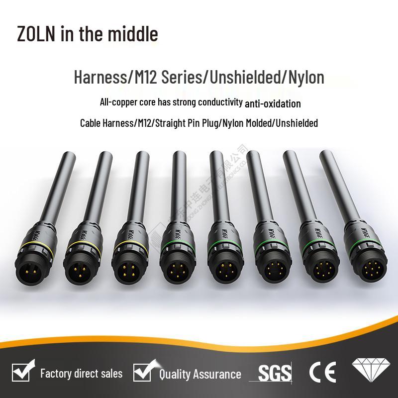M12 Dual-Ended Overmolded Nylon Unshielded Straight Cable Harness with Solderless Sensor Connector and 12MM Aviation Plug.