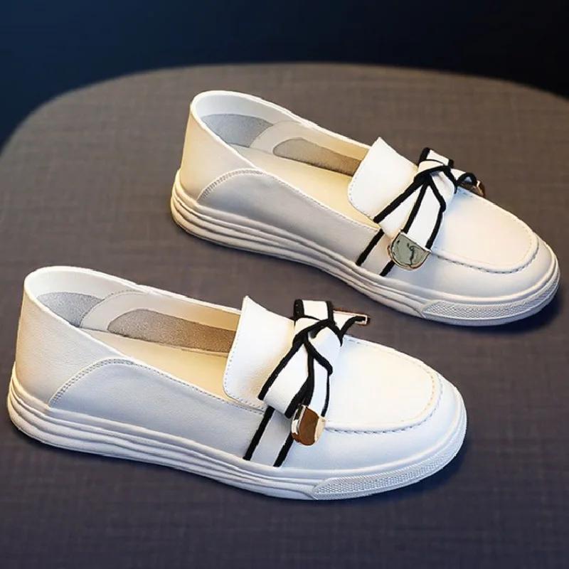 Normal Leather Casual Woman Footwear Flats with Bow Loafers Office White Flat Moccasins Shoes for Women Round Toe Stylish L 39 A 35 3835₽