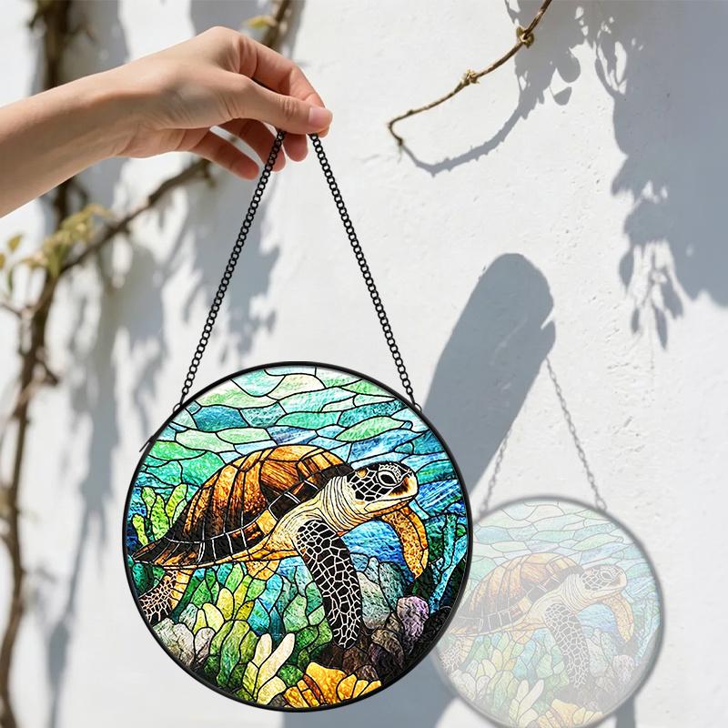 2D Flat Stained Glass Marine Themed Turtle Window Decoration, 7.87inches Colored Glass Plate with Chain, Charming Summer Sun Catcher Home Decor