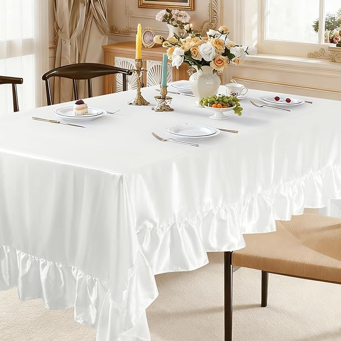 Gold Satin Tablecloth Rectangle Ruffled Table Cover,Ruffle Table Skirt for Kitchen Dining Weddings Dining Table Home Decoration