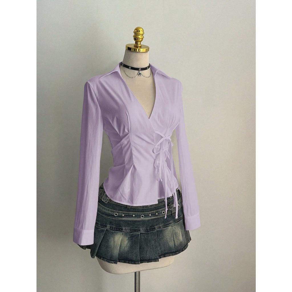 Women's Casual Top, Versatile, Elegant, Waist Cinching Design, Solid Color Women's Shirt