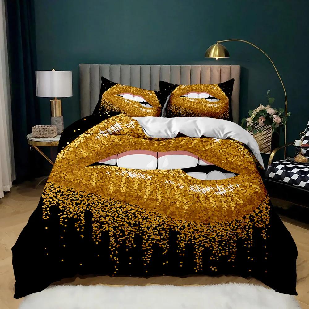 Lip Duvet Cover Set Golden Lip Bedding Set Sexy Adult Couple Twin Polyester Comforter Cover 3D Kiss Marks Double Queen King Size