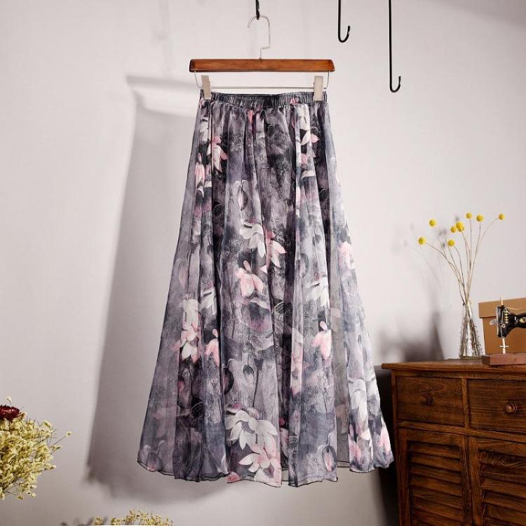 Bohemian Long Skirt Summer Retro Beach Skirt European and American New Style Printed Chiffon Skirt