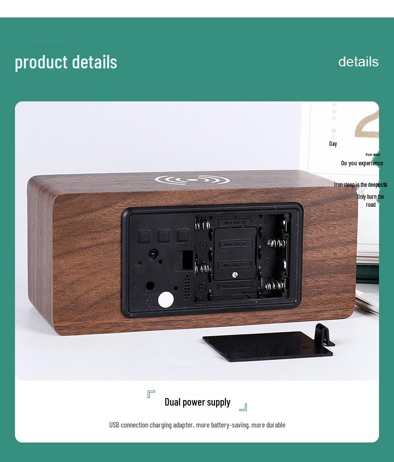 Wireless LED Wood Clock: Digital Alarm with Thermometer, Calendar & Charging Function