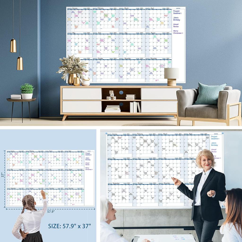 Large Dry Erase Calendar for Wall – Yearly Wall Calendar Dry Erase, 37" x 57.9", 12-Month Undated Blank Calendar Planner, Reble Laminated Task