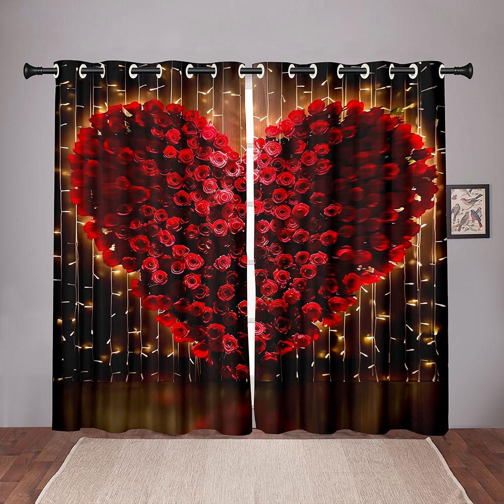 2-delt rose kjærlighet hjerte gardin valentinsdag tema rød romantisk blomster gull stjernelys stue soverom vindusdekor