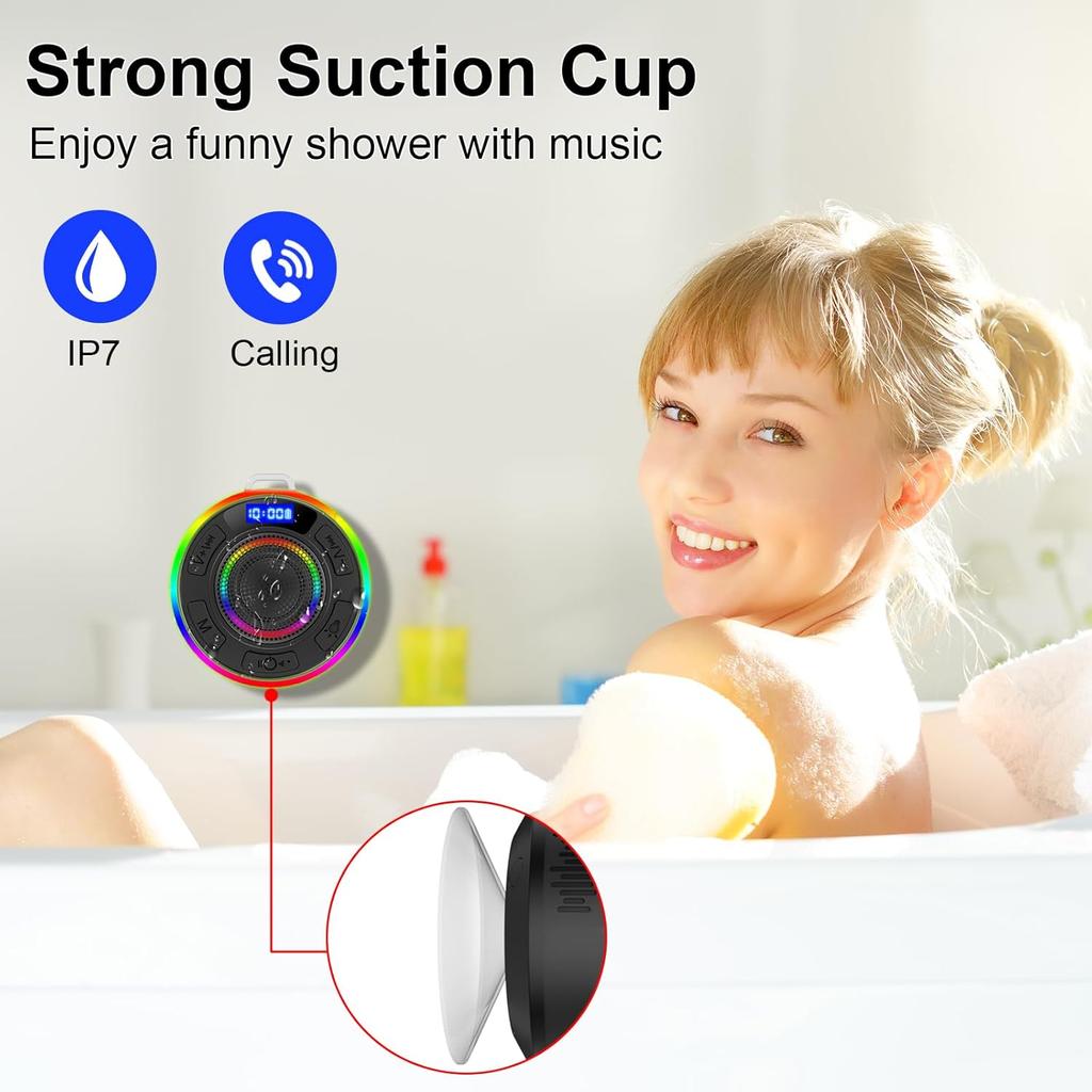 Bluetooth Shower Speaker, Portable Bluetooth Speakers IP7 Waterproof with Suction Cup and Time Display, Wireless Speaker with LED Lights,1100mAh,