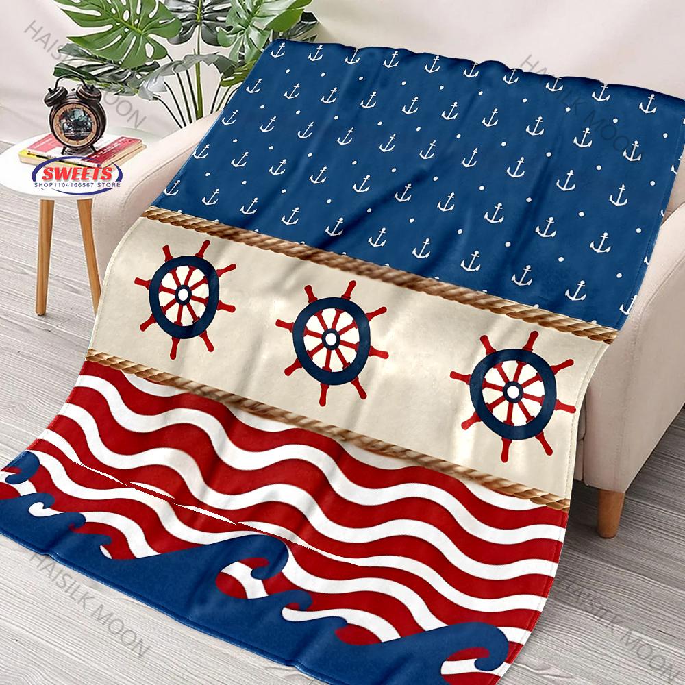 Striped Navy Style Nautical Compass Anchor Printed Blanket Bedroom Living Room Sofa Chair Office Nap Shawl Blanket Holiday Gift