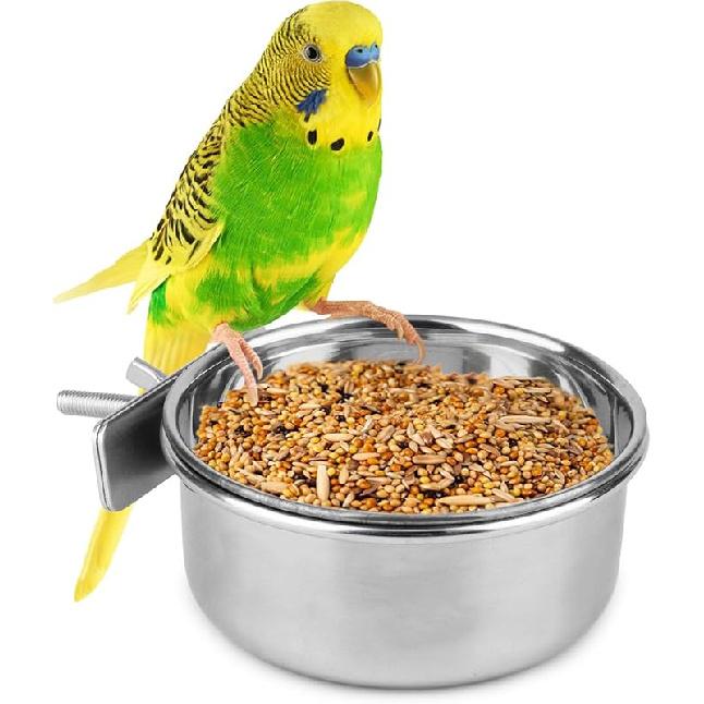 Hypeety Bird Parrot Feeding Double Cups Stainless Steel Food Water Bowls with Clip Bird Seed Feeder Cups Hanging Bowl Cage Stand Accessories