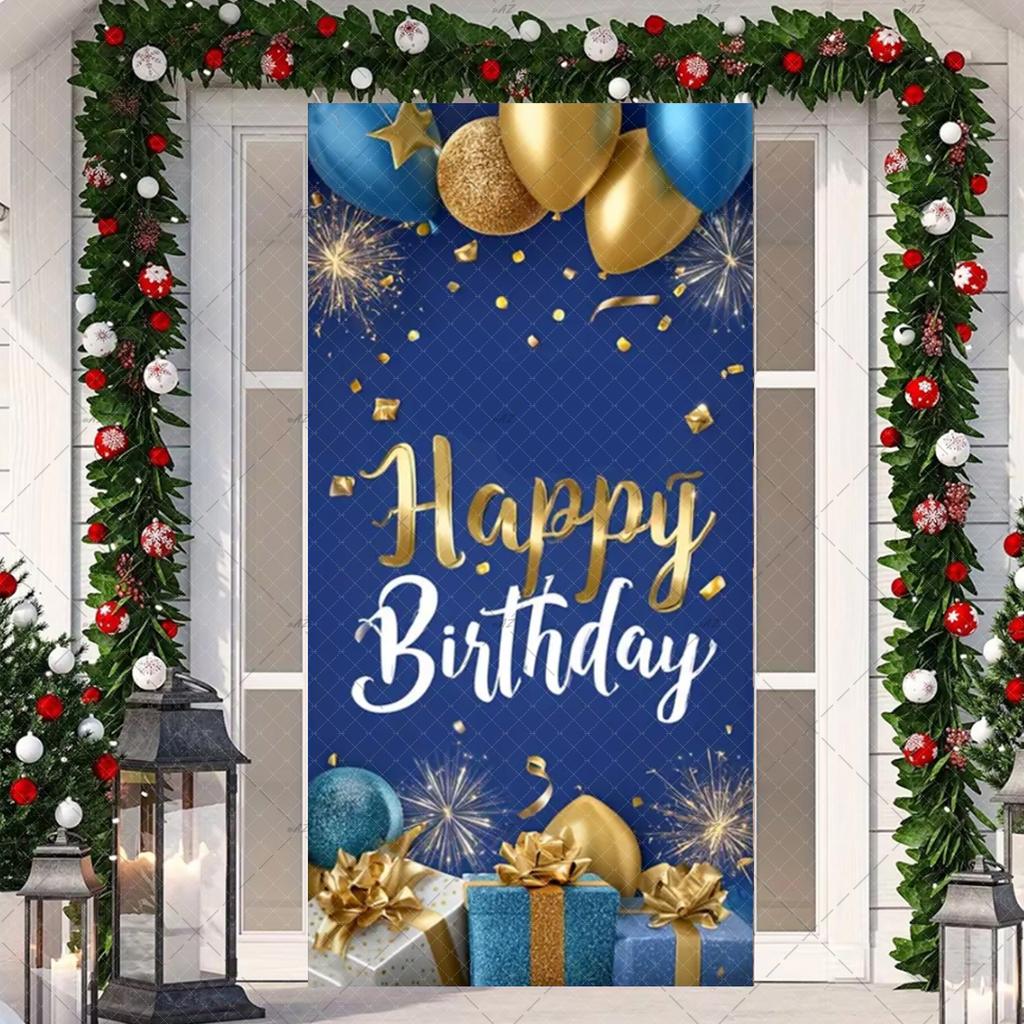 Black Gold Happy Birthday Door Banner Pink Blue Purple Shining Balloons Kid Adult Party Decoration Backdrop Photo Shoot Supplies