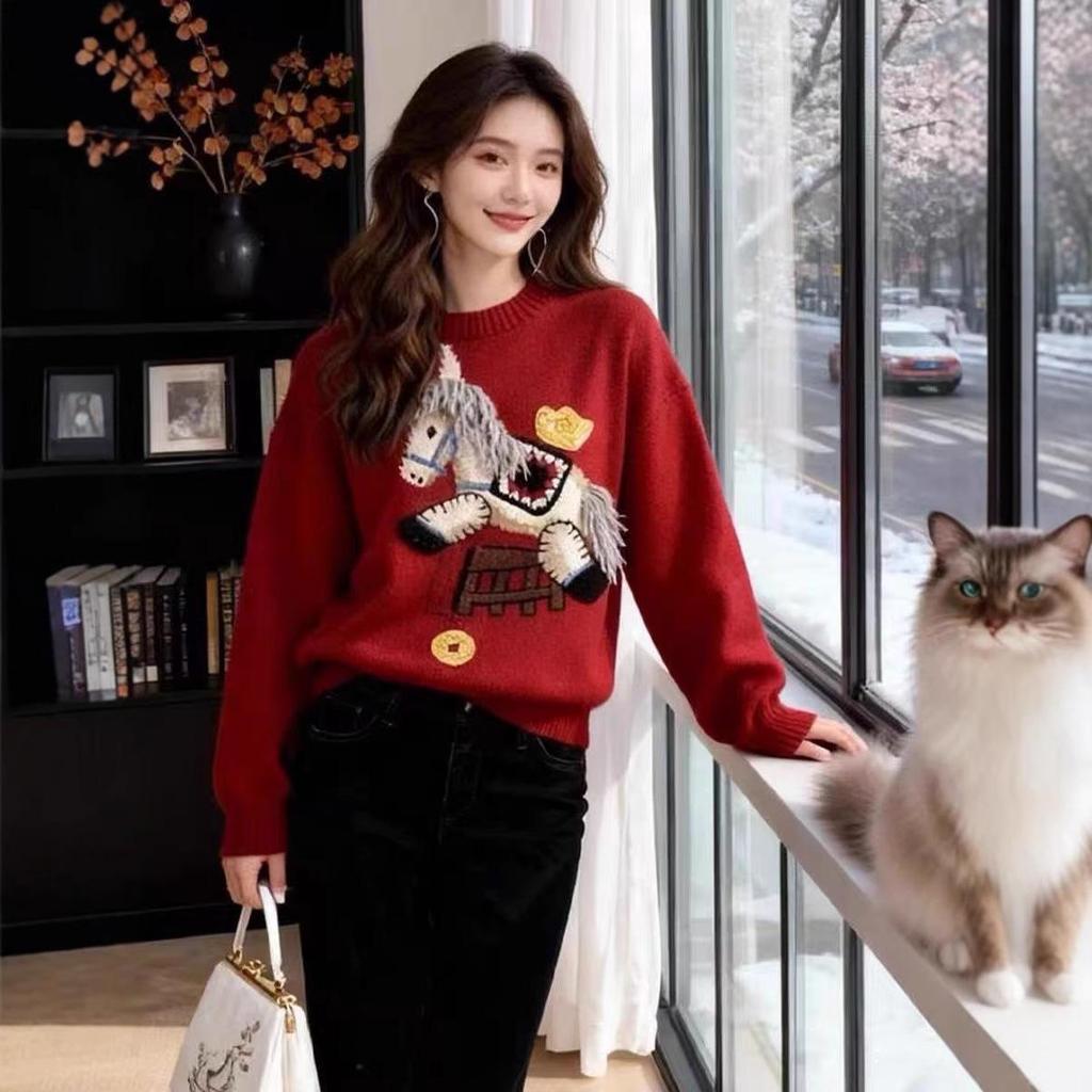 Women's Red Embroidered Horse Sweater - Round Neck, Soft Winter Knit, New 2026 Style