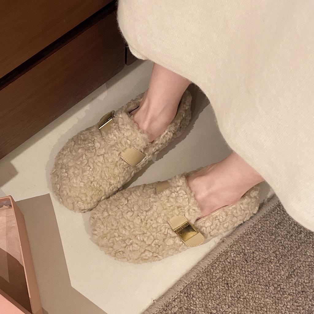 Versatile Flat-soled Fluffy Cotton Shoes Autumn and Winter New One-pedal Plush Mary Jane Shoes Plush Doudou Shoes
