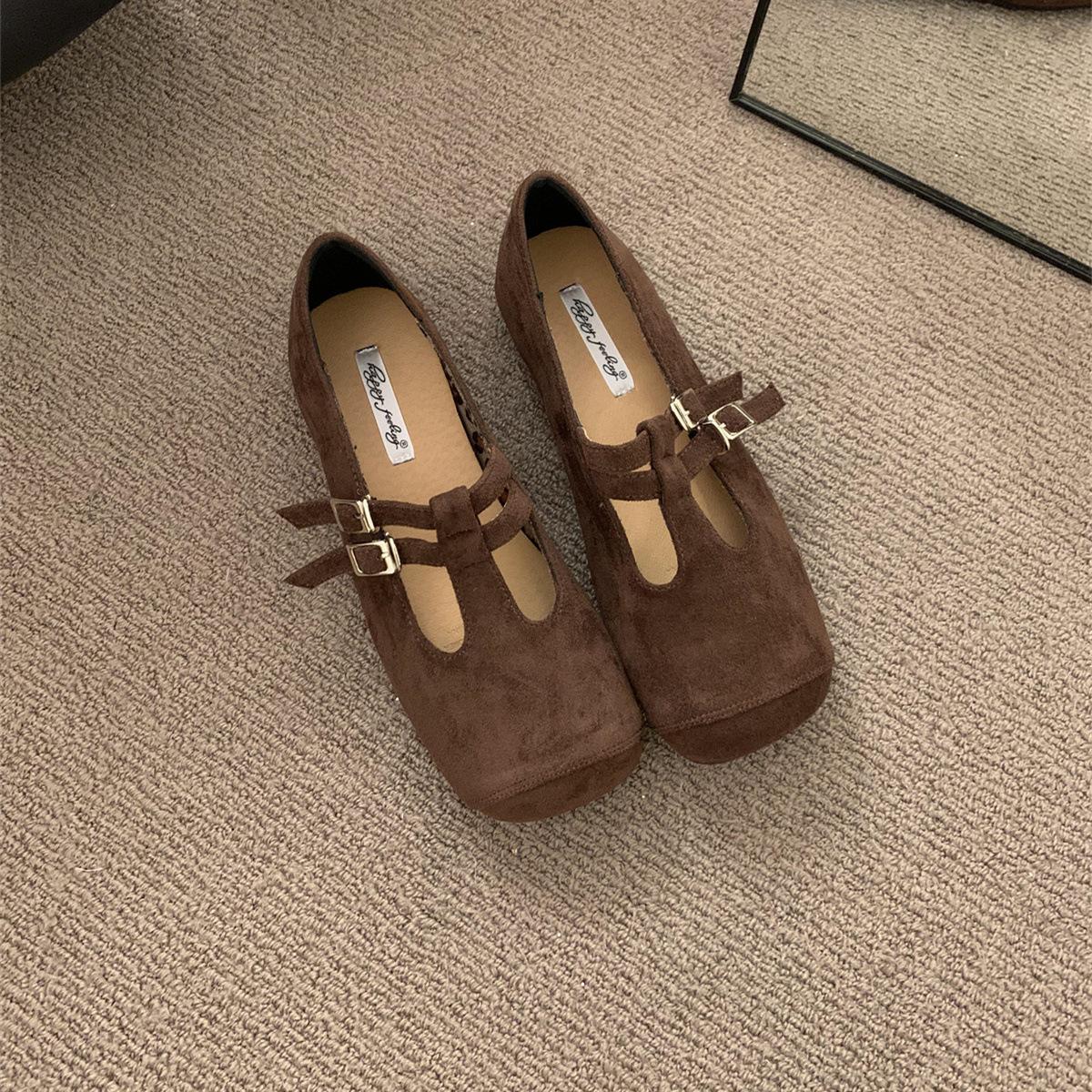 

Поздний вечерний ветер нежные квадратный носок замшевые на плоской подошве одинарные туфли 2025 весна и осень мягкая подошва балетки с юбкой туфли бабушки Дуду 40